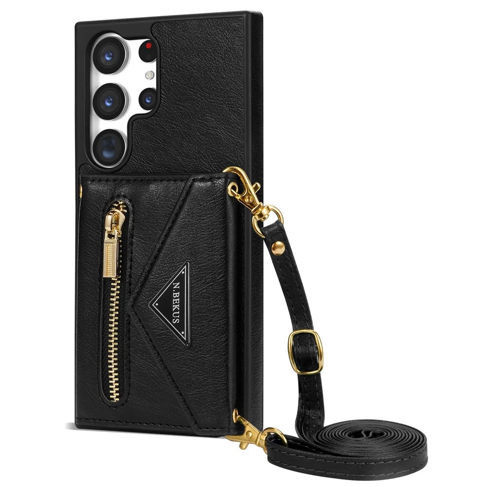 N.BEKUS For Samsung Galaxy S25 Ultra Leather Zipper Case Card Holder Phone Cover with Shoulder Strap - Black - 7