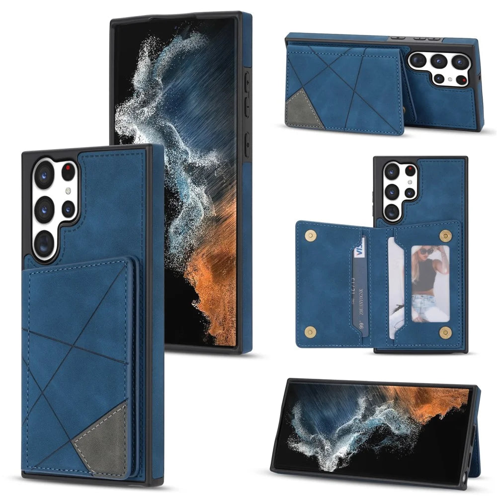 For Samsung Galaxy S25 Ultra Case Line Imprinted Color Splicing Leather Phone Cover - Blue - 1