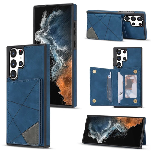 For Samsung Galaxy S25 Ultra Case Line Imprinted Color Splicing Leather Phone Cover - Blue - 1