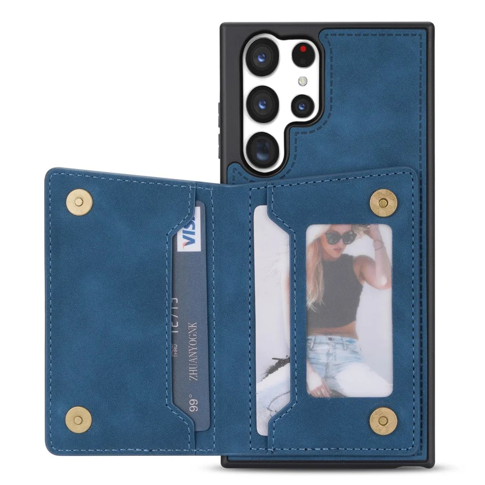 For Samsung Galaxy S25 Ultra Case Line Imprinted Color Splicing Leather Phone Cover - Blue - 2