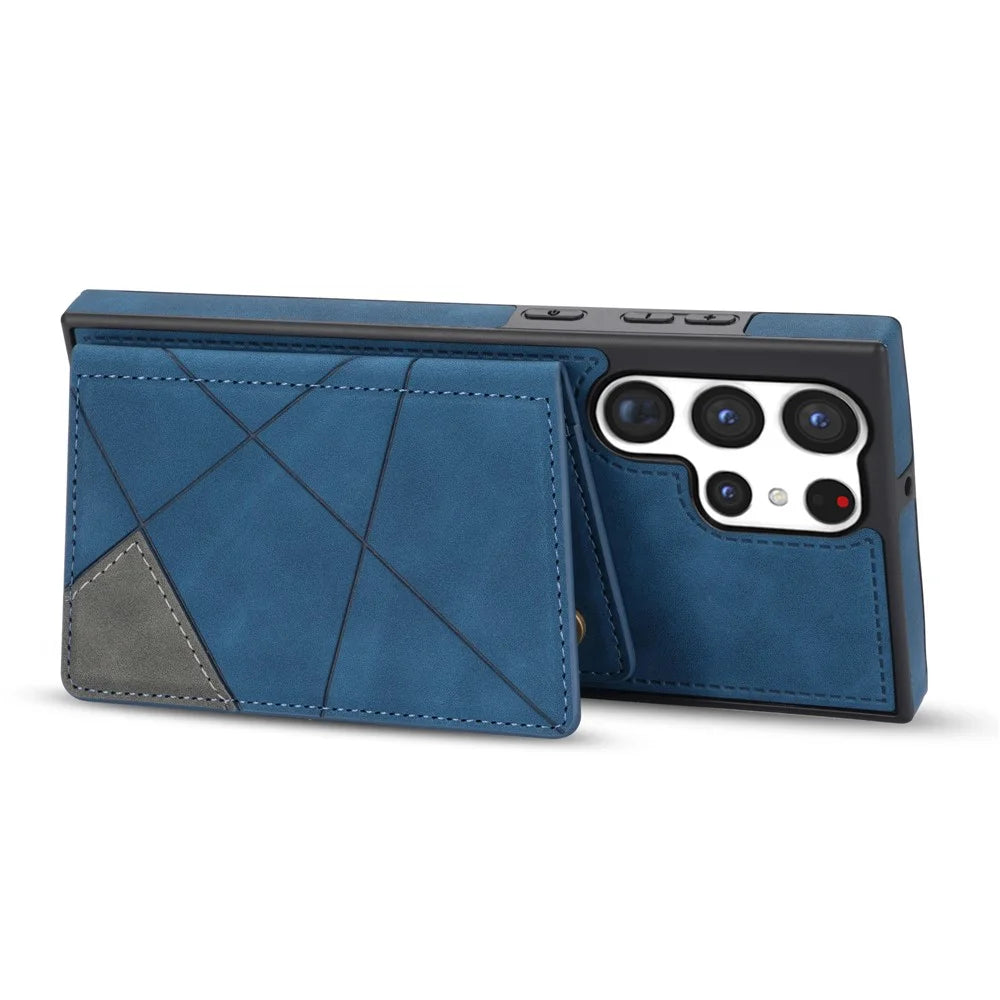 For Samsung Galaxy S25 Ultra Case Line Imprinted Color Splicing Leather Phone Cover - Blue - 3