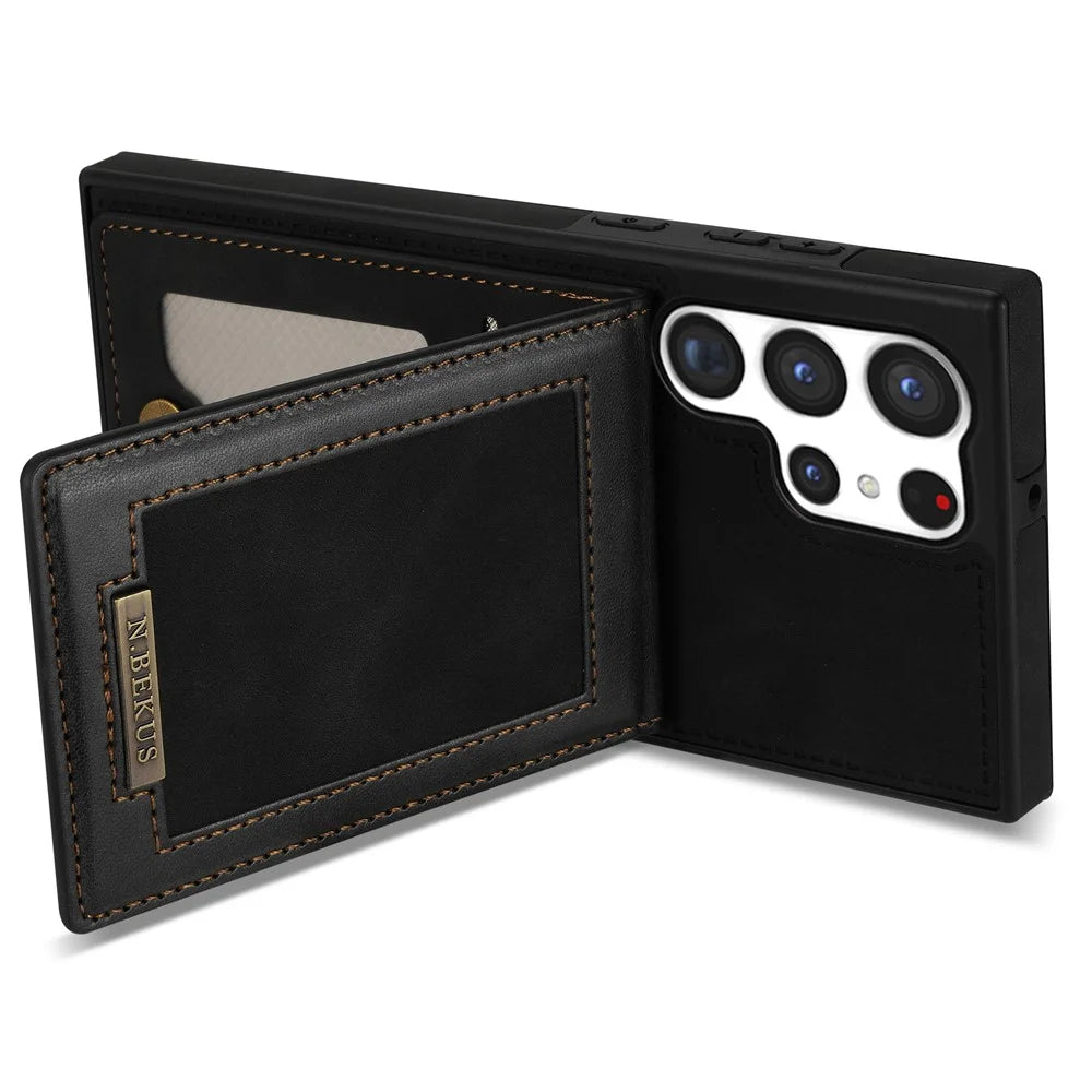 N.BEKUS For Samsung Galaxy S25 Ultra Case RFID Blocking Leather+TPU Phone Cover with Card Slots - Black - 3