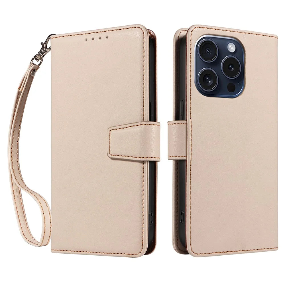 For iPhone 14 Pro Max Case RFID Blocking PU Leather Wallet Flip Phone Cover with Wrist Strap - Apricot - 1