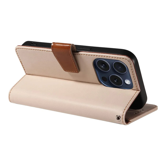 For iPhone 14 Pro Max Case RFID Blocking PU Leather Wallet Flip Phone Cover with Wrist Strap - Apricot - 3