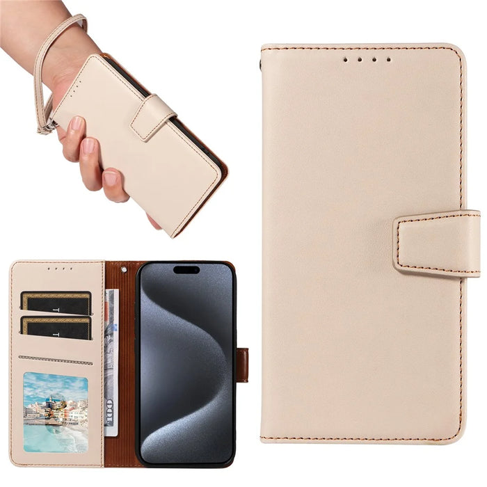 For iPhone 14 Pro Max Case RFID Blocking PU Leather Wallet Flip Phone Cover with Wrist Strap - Apricot - 6