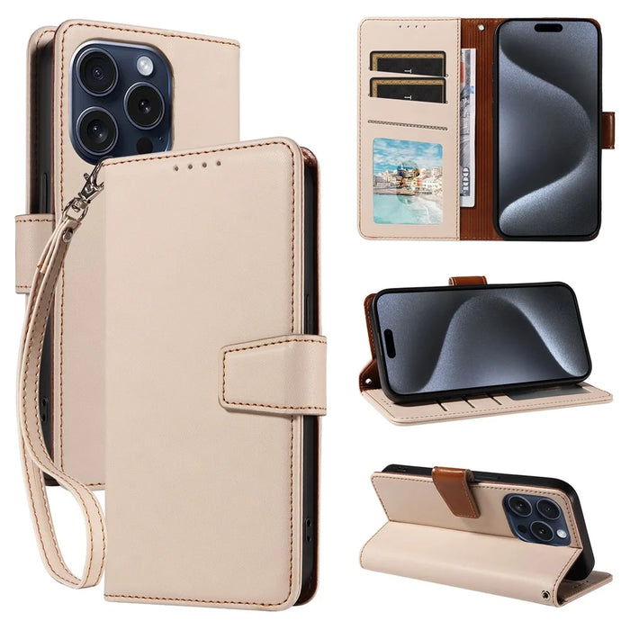 For iPhone 14 Pro Max Case RFID Blocking PU Leather Wallet Flip Phone Cover with Wrist Strap - Apricot - 7