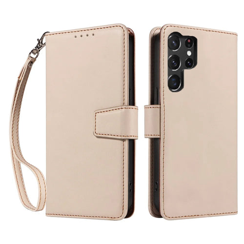 For Samsung Galaxy S24 Ultra Case RFID Blocking PU Leather Wallet Flip Phone Cover with Wrist Strap - Apricot - 1