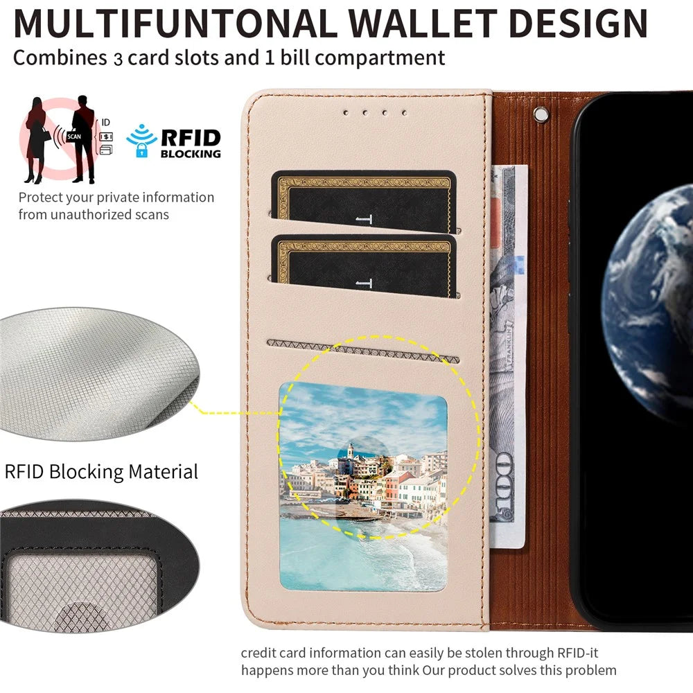 For Samsung Galaxy S24 Ultra Case RFID Blocking PU Leather Wallet Flip Phone Cover with Wrist Strap - Apricot - 4