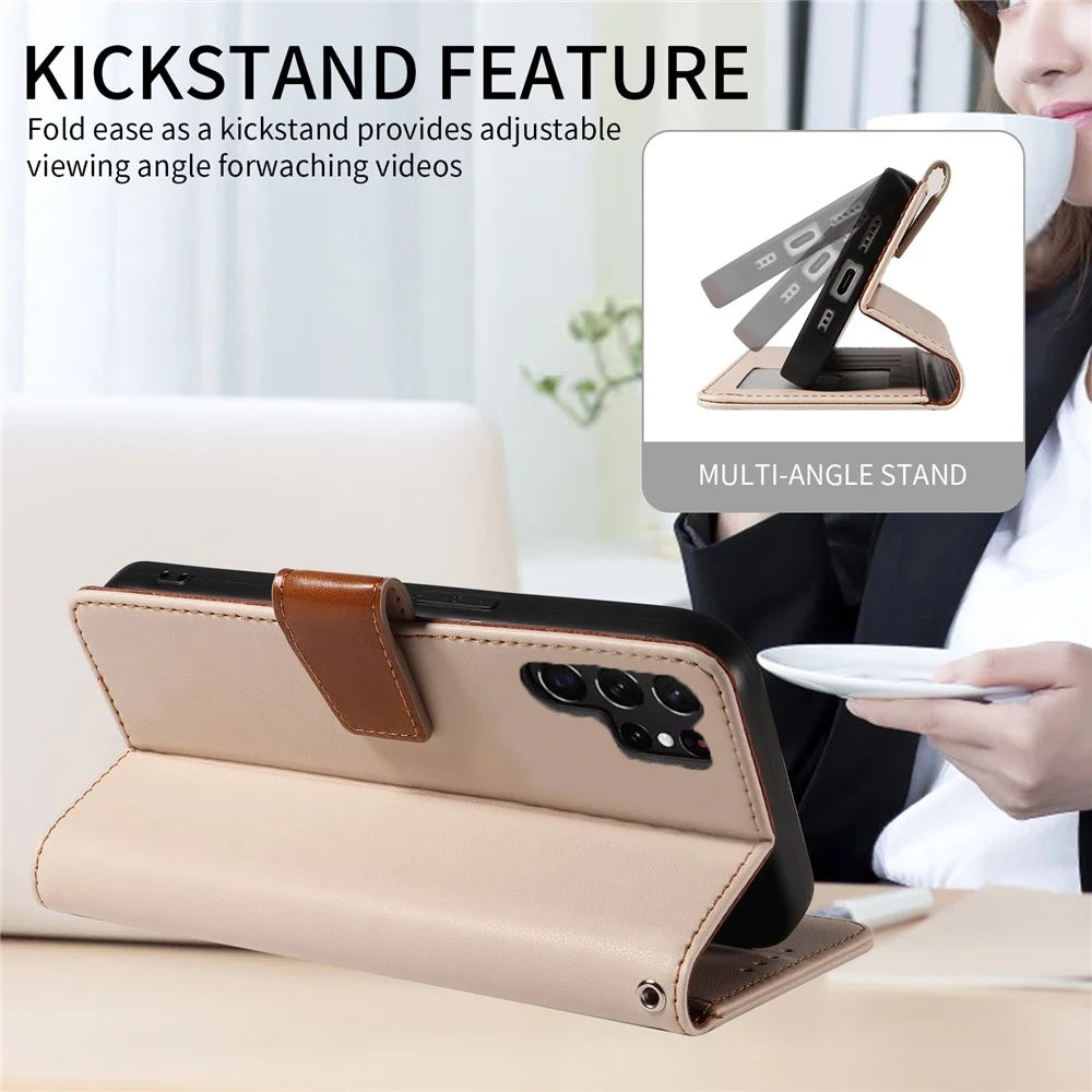 For Samsung Galaxy S24 Ultra Case RFID Blocking PU Leather Wallet Flip Phone Cover with Wrist Strap - Apricot - 5