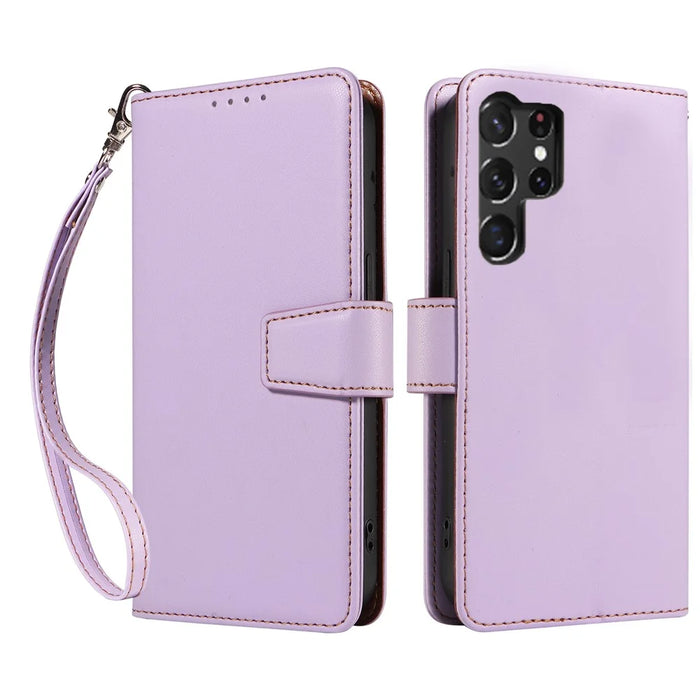 For Samsung Galaxy S23 Ultra Case RFID Blocking PU Leather Wallet Flip Phone Cover with Wrist Strap - Lavender Purple - 1