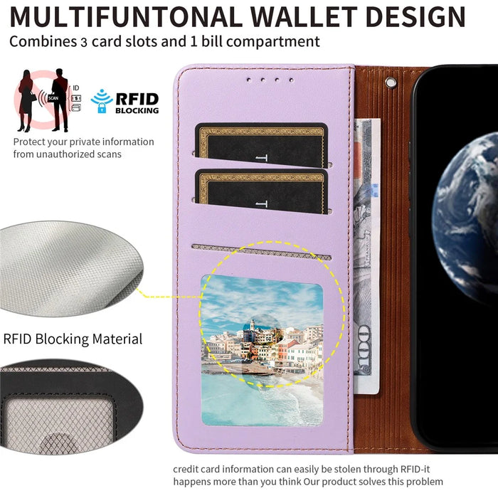For Samsung Galaxy S23 Ultra Case RFID Blocking PU Leather Wallet Flip Phone Cover with Wrist Strap - Lavender Purple - 4