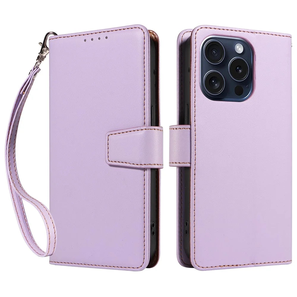 For iPhone 14 Pro Case RFID Blocking PU Leather Wallet Flip Phone Cover with Wrist Strap - Lavender Purple - 1