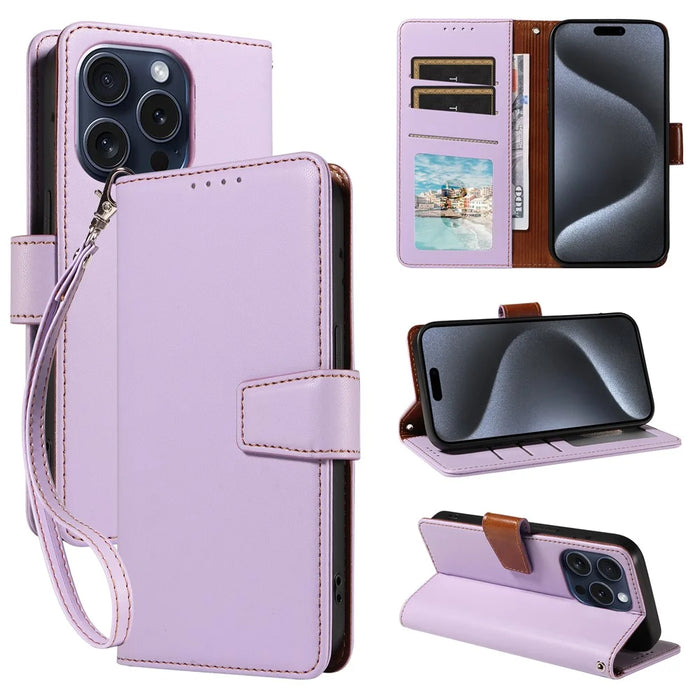 For iPhone 14 Pro Case RFID Blocking PU Leather Wallet Flip Phone Cover with Wrist Strap - Lavender Purple - 7