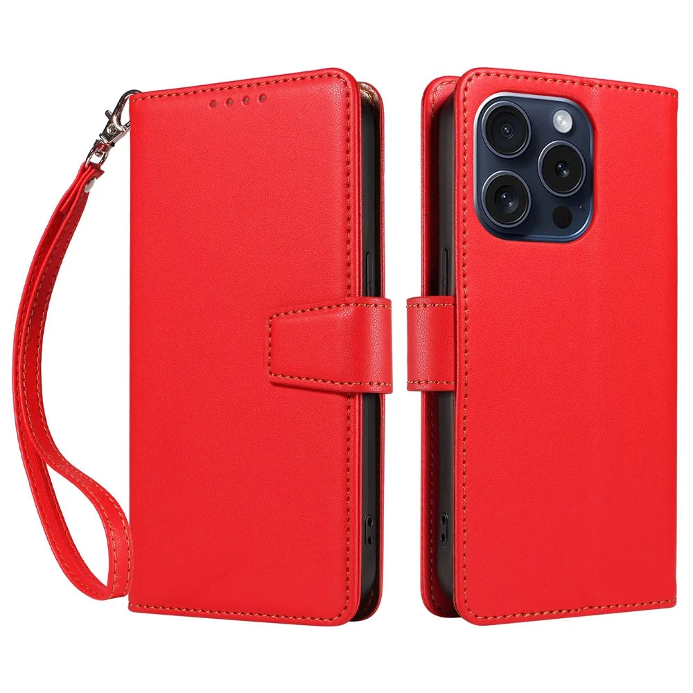 For iPhone 15 Pro Max Case RFID Blocking PU Leather Wallet Flip Phone Cover with Wrist Strap - Red - 1