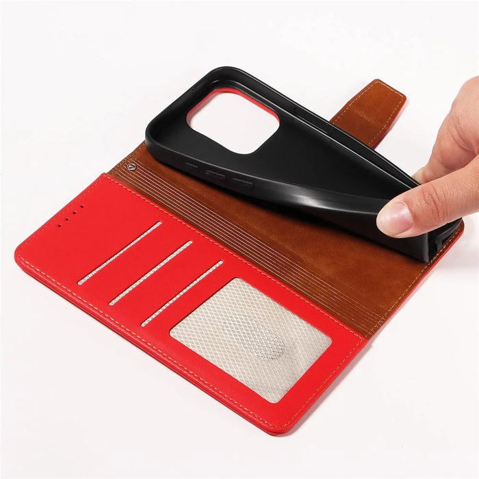 For iPhone 15 Pro Max Case RFID Blocking PU Leather Wallet Flip Phone Cover with Wrist Strap - Red - 5