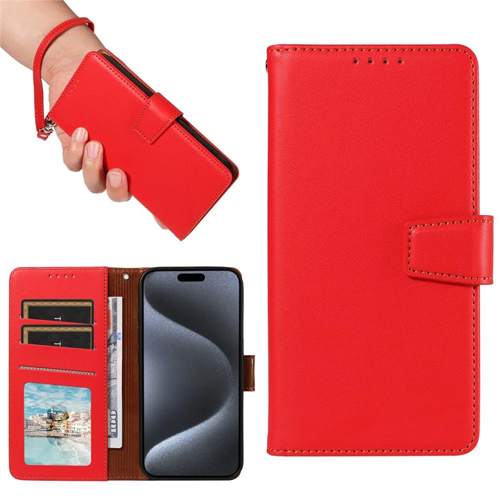 For iPhone 15 Pro Max Case RFID Blocking PU Leather Wallet Flip Phone Cover with Wrist Strap - Red - 6