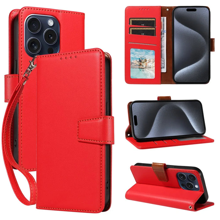For iPhone 15 Pro Max Case RFID Blocking PU Leather Wallet Flip Phone Cover with Wrist Strap - Red - 7