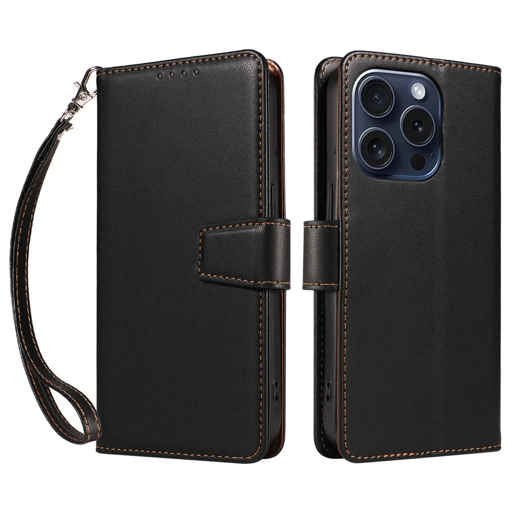 For iPhone 15 Pro Case RFID Blocking PU Leather Wallet Flip Phone Cover with Wrist Strap - Black - 1