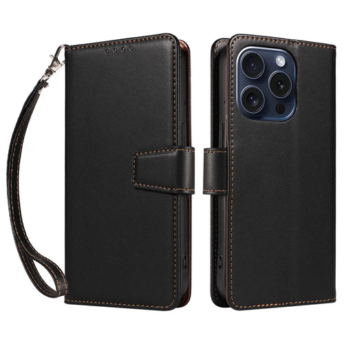 For iPhone 15 Pro Case RFID Blocking PU Leather Wallet Flip Phone Cover with Wrist Strap - Black - 1