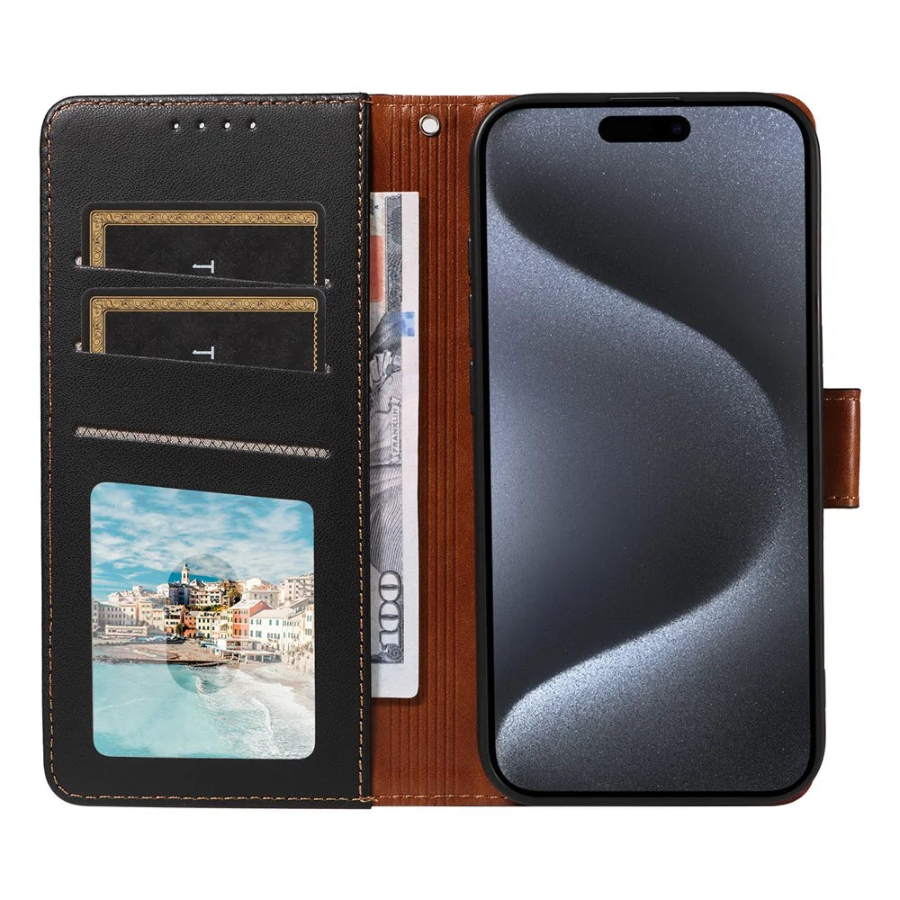 For iPhone 15 Pro Case RFID Blocking PU Leather Wallet Flip Phone Cover with Wrist Strap - Black - 2