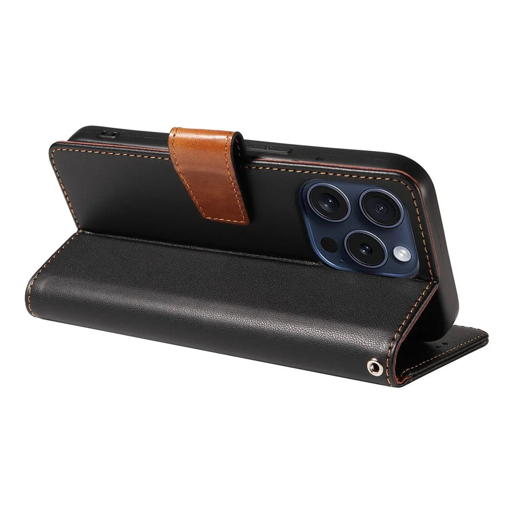 For iPhone 15 Pro Case RFID Blocking PU Leather Wallet Flip Phone Cover with Wrist Strap - Black - 3
