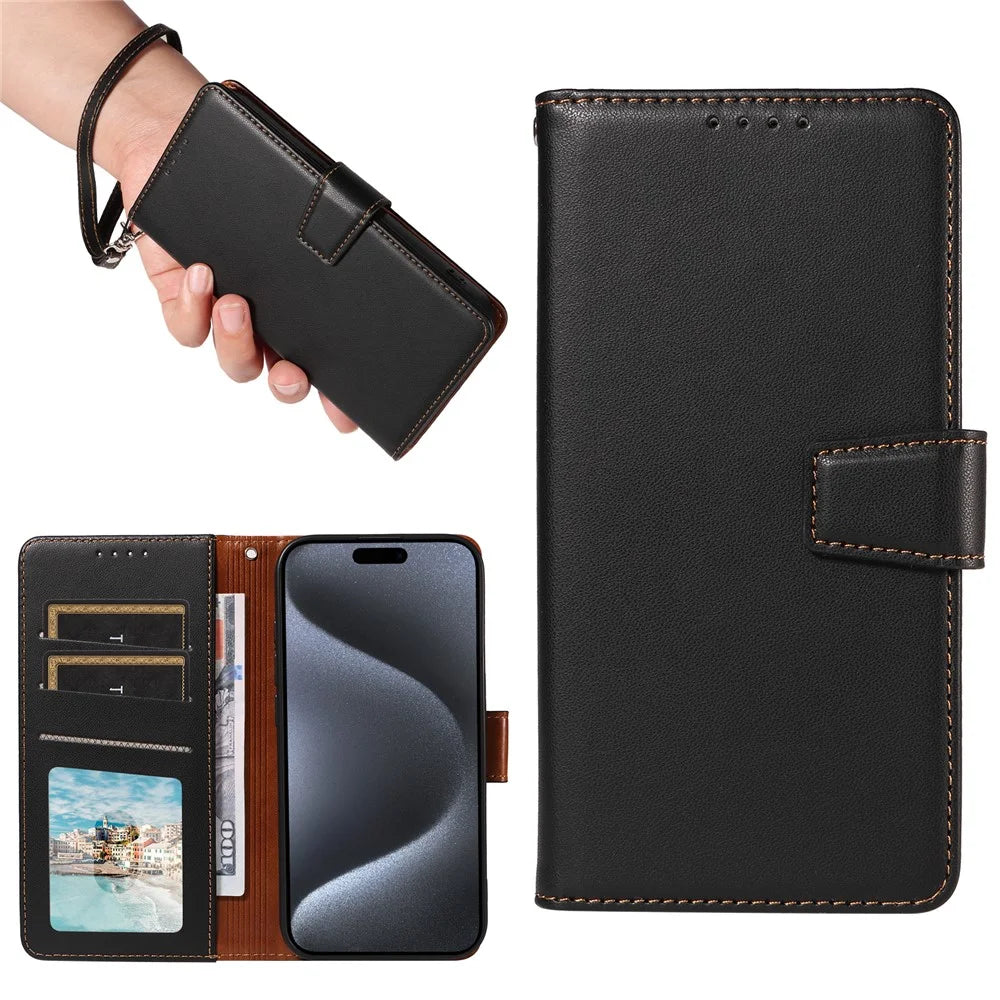 For iPhone 15 Pro Case RFID Blocking PU Leather Wallet Flip Phone Cover with Wrist Strap - Black - 6