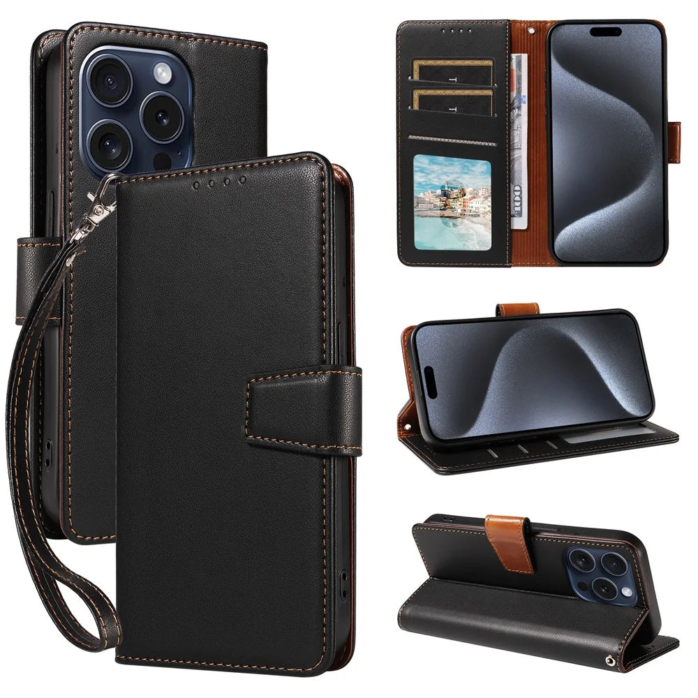 For iPhone 15 Pro Case RFID Blocking PU Leather Wallet Flip Phone Cover with Wrist Strap - Black - 7