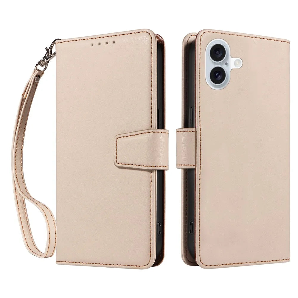 For iPhone 16 Plus Case RFID Blocking PU Leather Wallet Flip Phone Cover with Wrist Strap - Apricot - 1