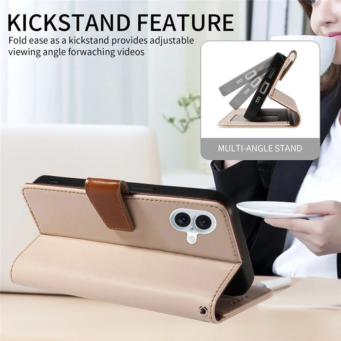 For iPhone 16 Plus Case RFID Blocking PU Leather Wallet Flip Phone Cover with Wrist Strap - Apricot - 4