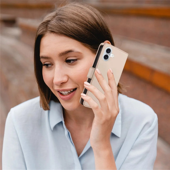For iPhone 16 Plus Case RFID Blocking PU Leather Wallet Flip Phone Cover with Wrist Strap - Apricot - 5