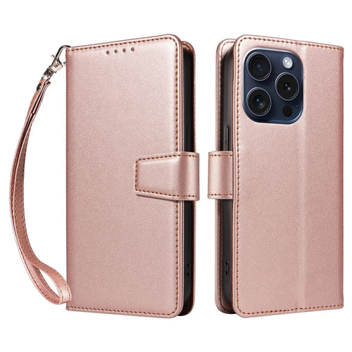 For iPhone 16 Pro Case RFID Blocking PU Leather Wallet Flip Phone Cover with Wrist Strap - Rose Gold - 1