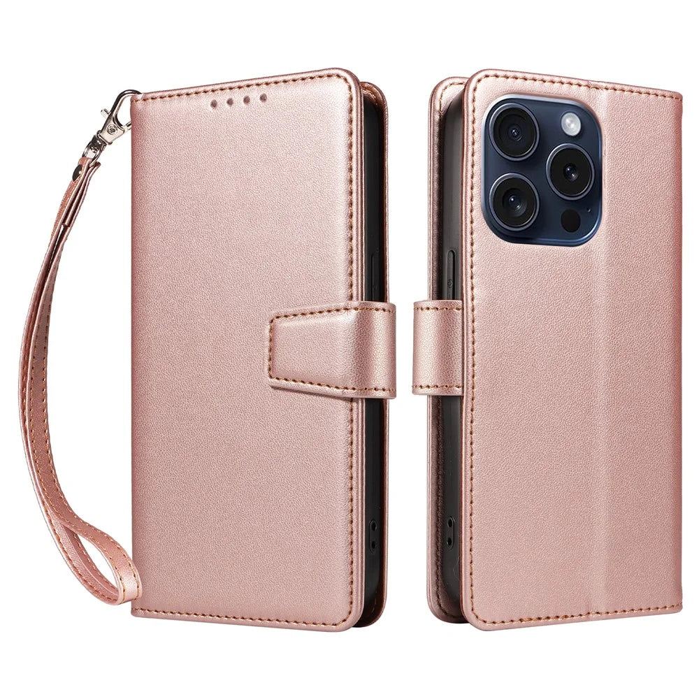 For iPhone 16 Pro Case RFID Blocking PU Leather Wallet Flip Phone Cover with Wrist Strap - Rose Gold - 1