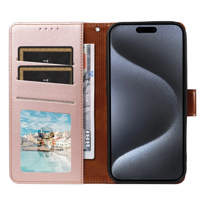 For iPhone 16 Pro Case RFID Blocking PU Leather Wallet Flip Phone Cover with Wrist Strap - Rose Gold - 2