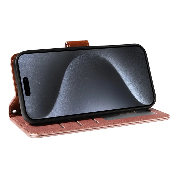 For iPhone 16 Pro Case RFID Blocking PU Leather Wallet Flip Phone Cover with Wrist Strap - Rose Gold - 4