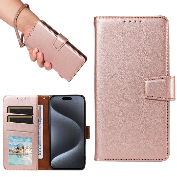 For iPhone 16 Pro Case RFID Blocking PU Leather Wallet Flip Phone Cover with Wrist Strap - Rose Gold - 6