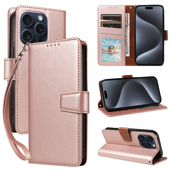 For iPhone 16 Pro Case RFID Blocking PU Leather Wallet Flip Phone Cover with Wrist Strap - Rose Gold - 7