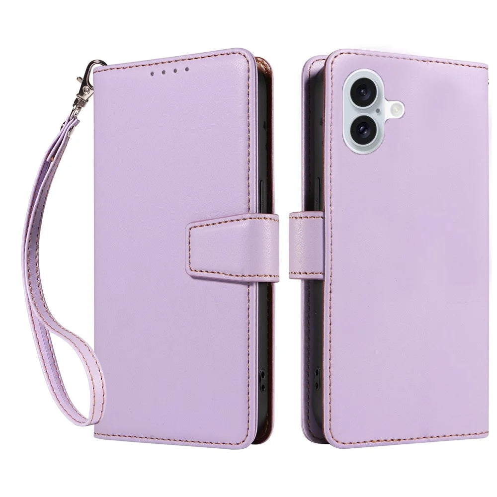 For iPhone 16 Case RFID Blocking PU Leather Wallet Flip Phone Cover with Wrist Strap - Lavender Purple - 1