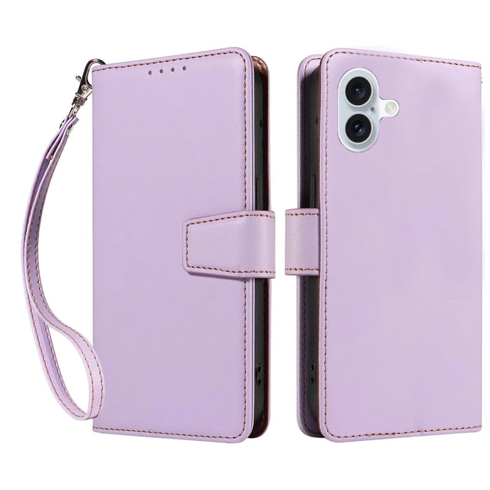 For iPhone 16 Case RFID Blocking PU Leather Wallet Flip Phone Cover with Wrist Strap - Lavender Purple - 1