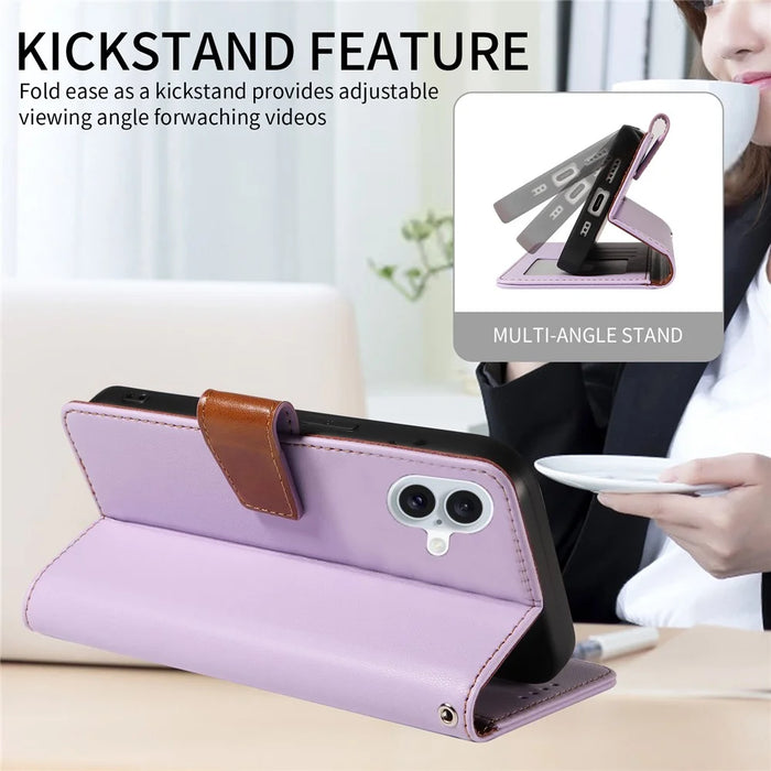 For iPhone 16 Case RFID Blocking PU Leather Wallet Flip Phone Cover with Wrist Strap - Lavender Purple - 4