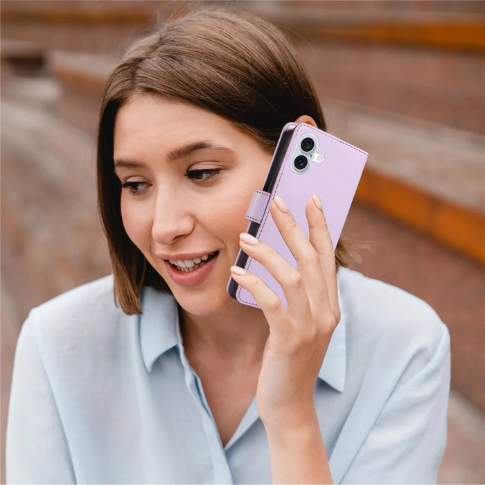 For iPhone 16 Case RFID Blocking PU Leather Wallet Flip Phone Cover with Wrist Strap - Lavender Purple - 5