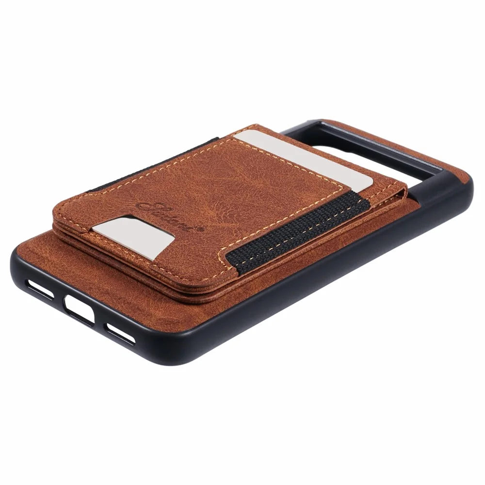 SUTENI H17 For Google Pixel 8a Magnetic Case Card Slots Leather+TPU Kickstand Phone Cover - Khaki - 7