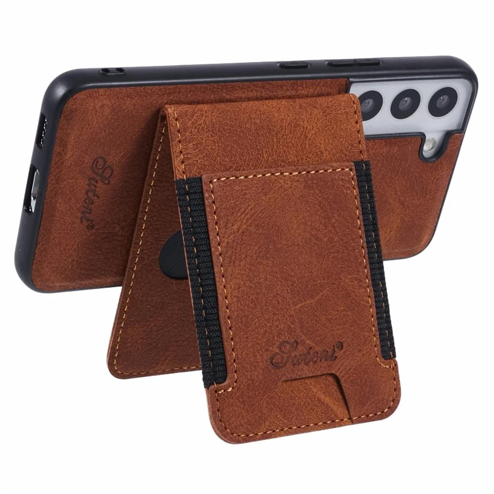 SUTENI H17 For Samsung Galaxy S22+ 5G Magnetic Case Card Slots Leather+TPU Kickstand Phone Cover - Khaki - 3