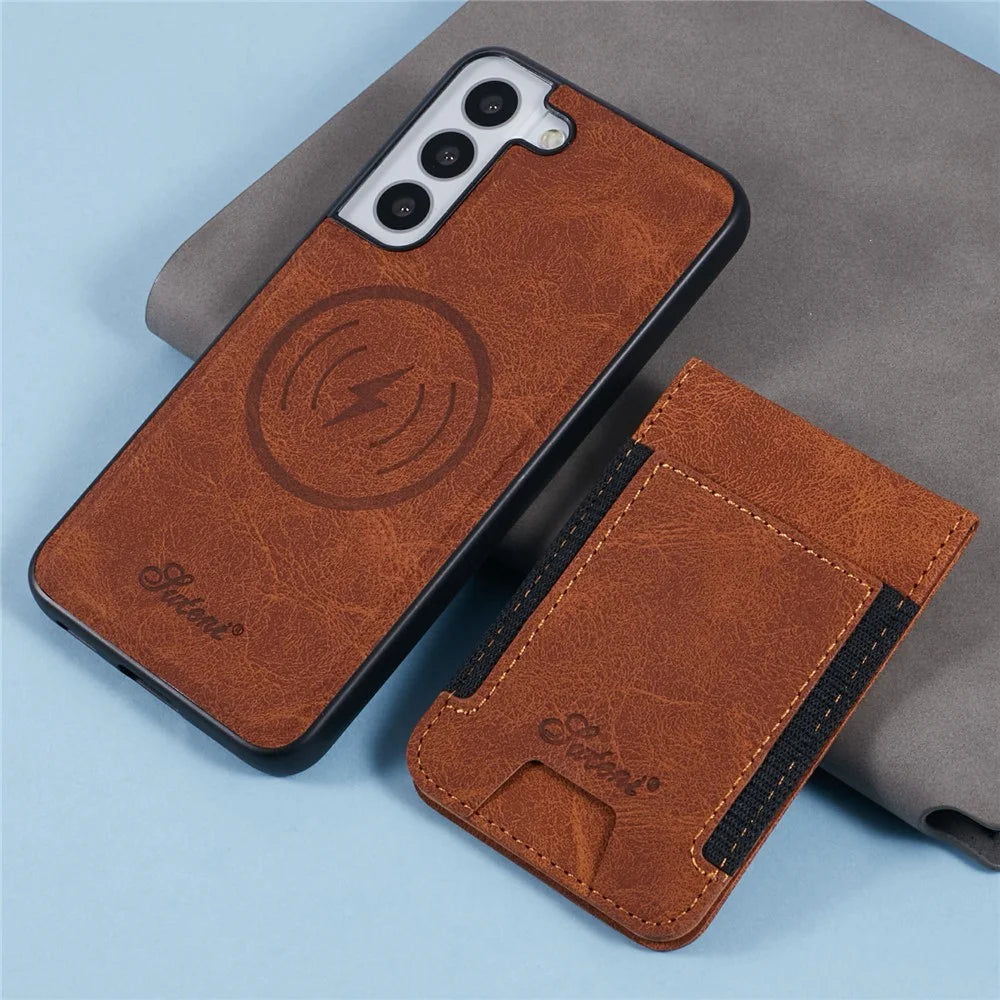 SUTENI H17 For Samsung Galaxy S22+ 5G Magnetic Case Card Slots Leather+TPU Kickstand Phone Cover - Khaki - 7