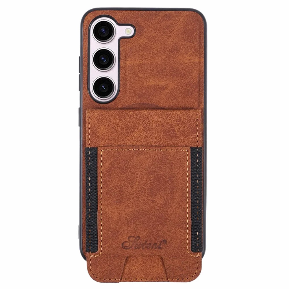 SUTENI H17 For Samsung Galaxy S23+ Magnetic Case Card Slots Leather+TPU Kickstand Phone Cover - Khaki - 1