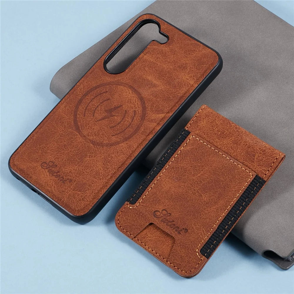 SUTENI H17 For Samsung Galaxy S23+ Magnetic Case Card Slots Leather+TPU Kickstand Phone Cover - Khaki - 7