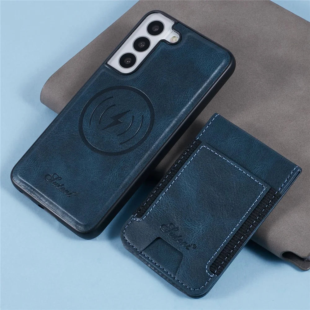 SUTENI H17 For Samsung Galaxy S22+ 5G Magnetic Case Card Slots Leather+TPU Kickstand Phone Cover - Khaki - 7