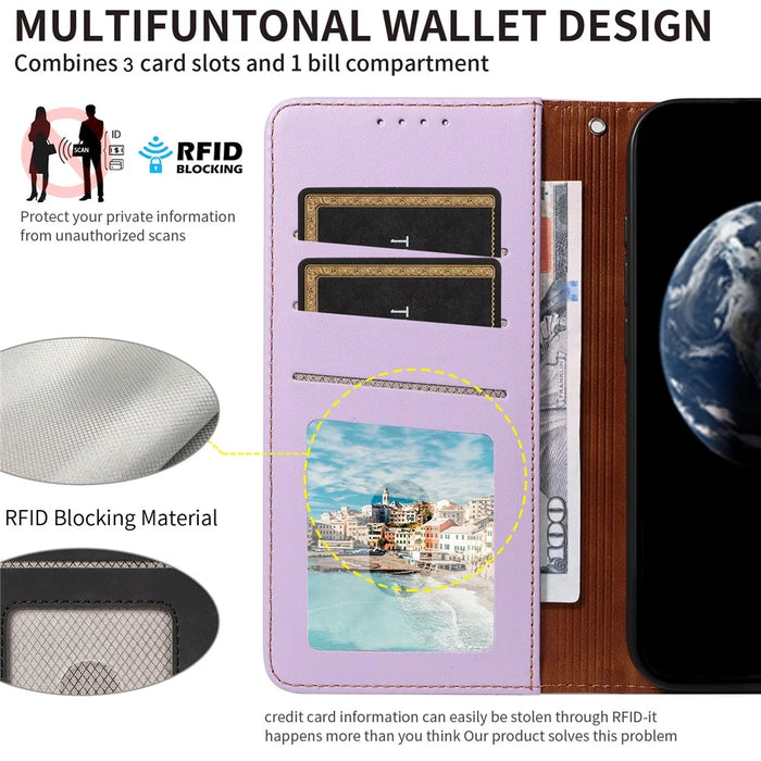 For Samsung Galaxy A16 4G / 5G Case RFID Blocking PU Leather Wallet Flip Phone Cover with Wrist Strap - Lavender Purple - 4
