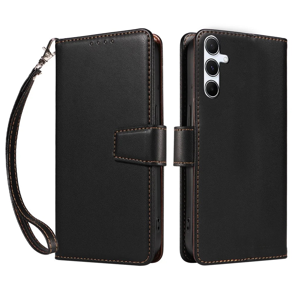 For Samsung Galaxy S24 Case RFID Blocking PU Leather Wallet Flip Phone Cover with Wrist Strap - Black - 1