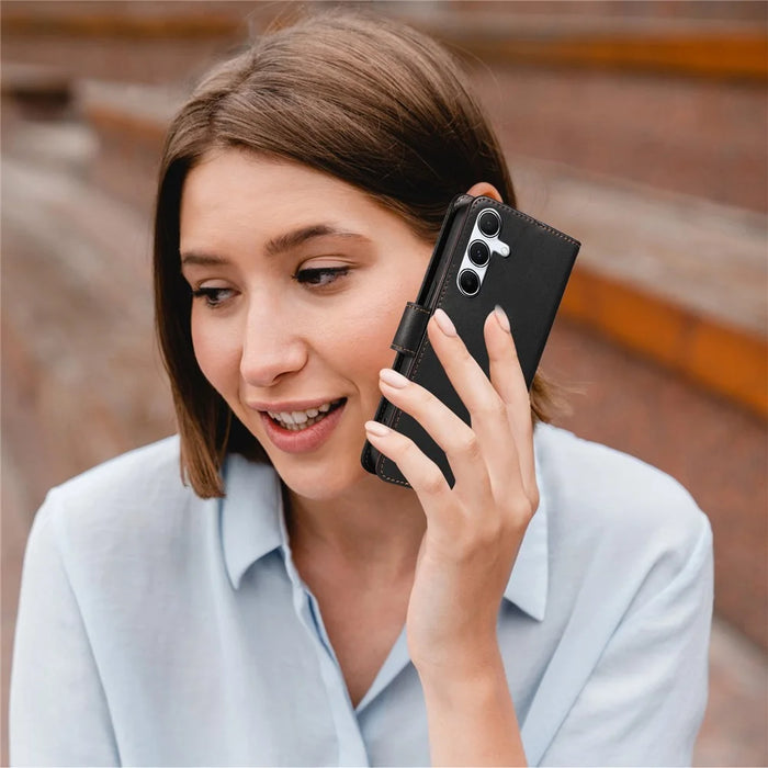 For Samsung Galaxy S24 Case RFID Blocking PU Leather Wallet Flip Phone Cover with Wrist Strap - Black - 6