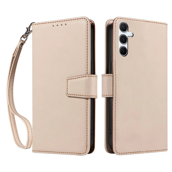 For Samsung Galaxy S24+ Case RFID Blocking PU Leather Wallet Flip Phone Cover with Wrist Strap - Apricot - 1
